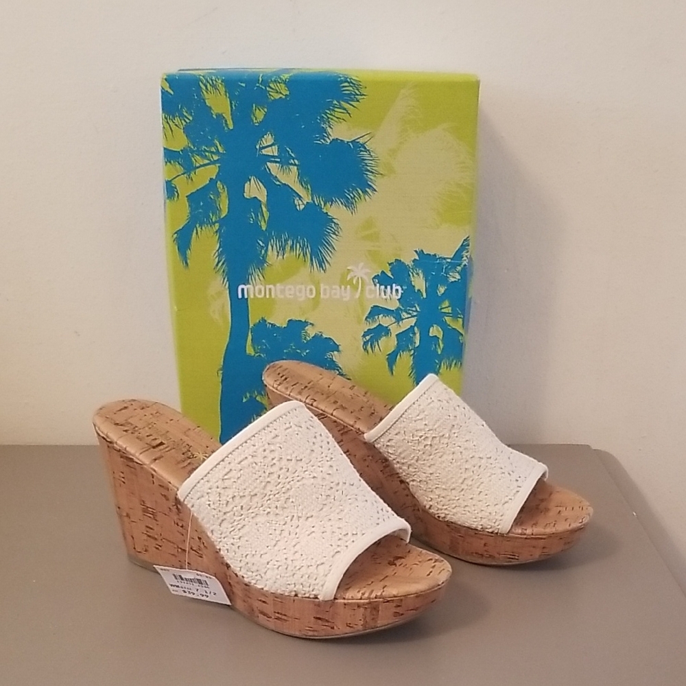 Montego Bay Club White Cork Wedge Slide Sandals